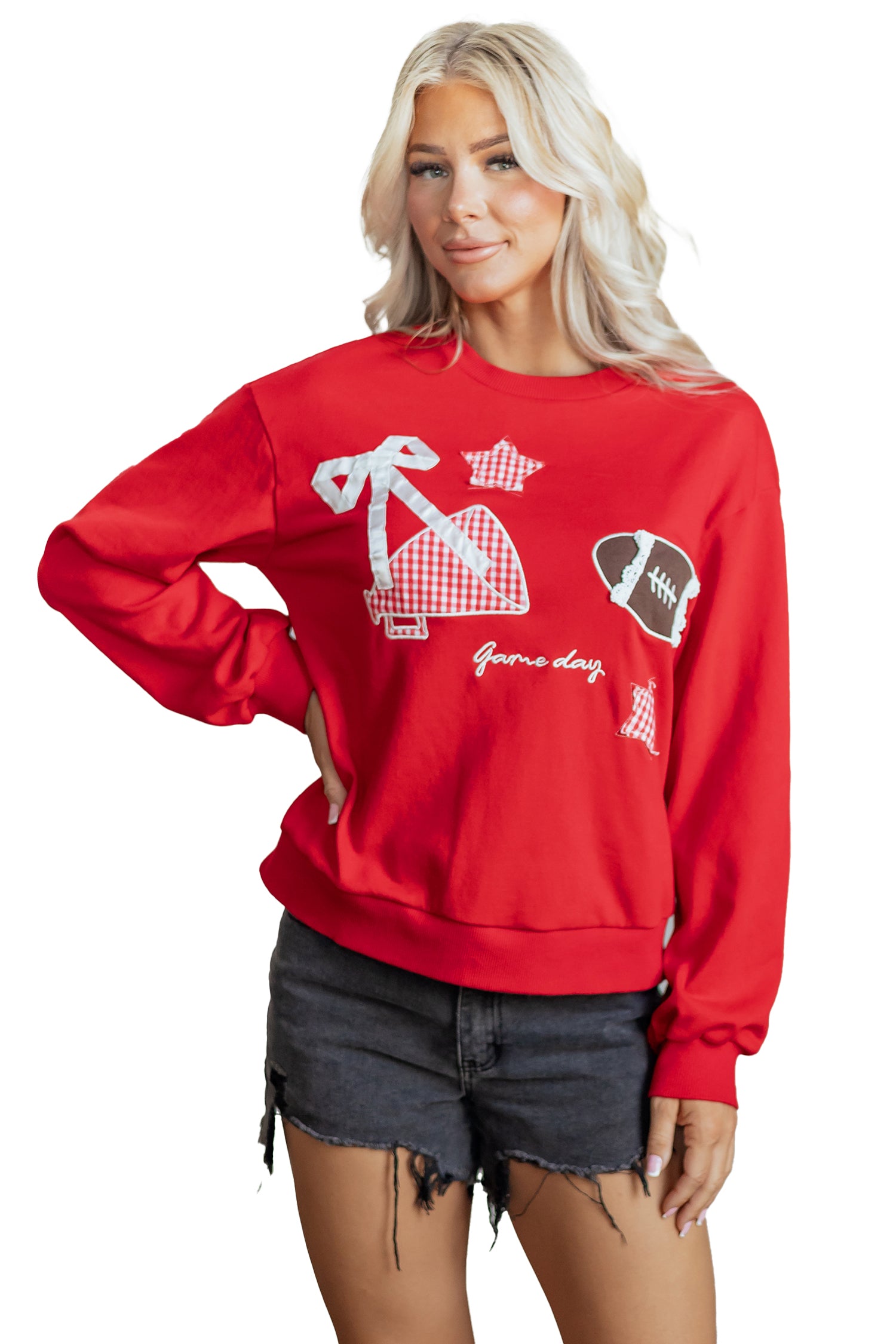 Gingham Patch Embroidered Rugby Game Day Stars Sweatshirt – Racing Red