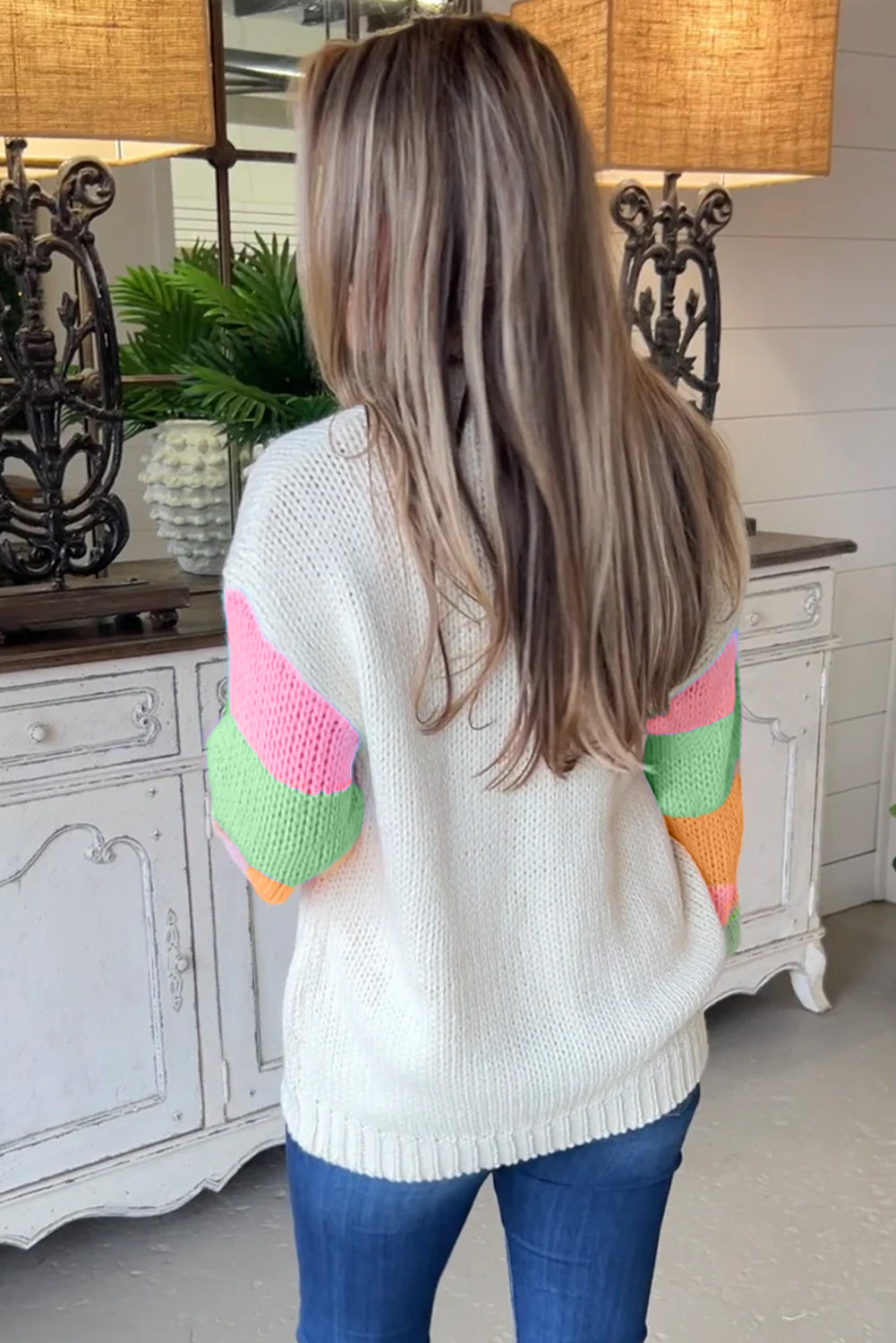 White Flower Graphic Colourblock Sleeve Crew Neck Sweater eAura