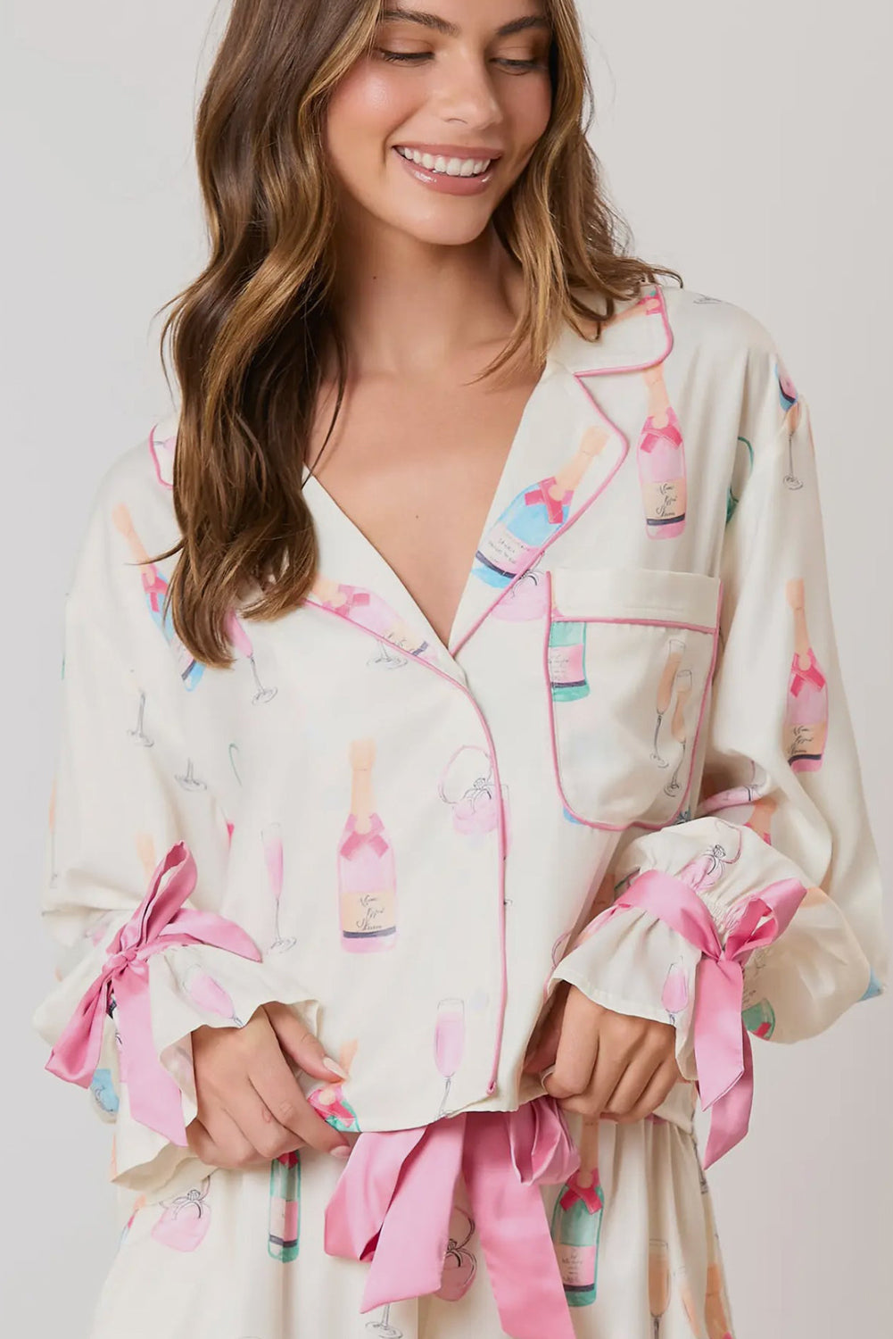 White Christmas Wine Glass Print Bow Knot Two Piece Pyjama Set - eAura