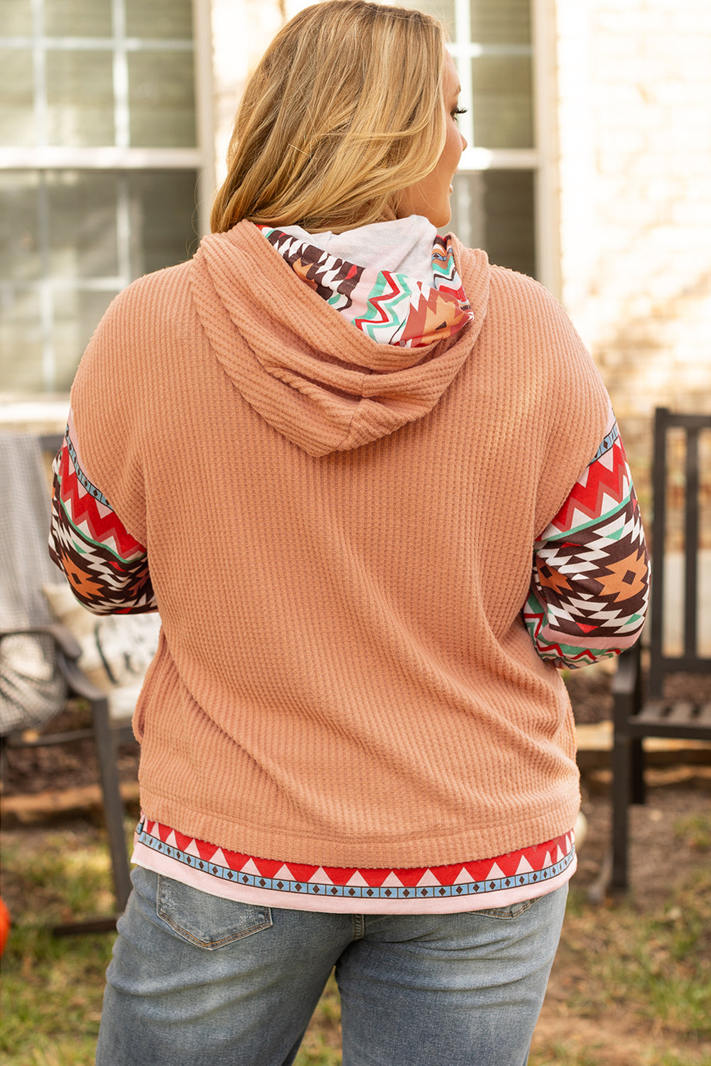 Khaki Aztec Patchwork Waffle Knit Plus Size Hoodie Beagle Boutique Fashion Outlet
