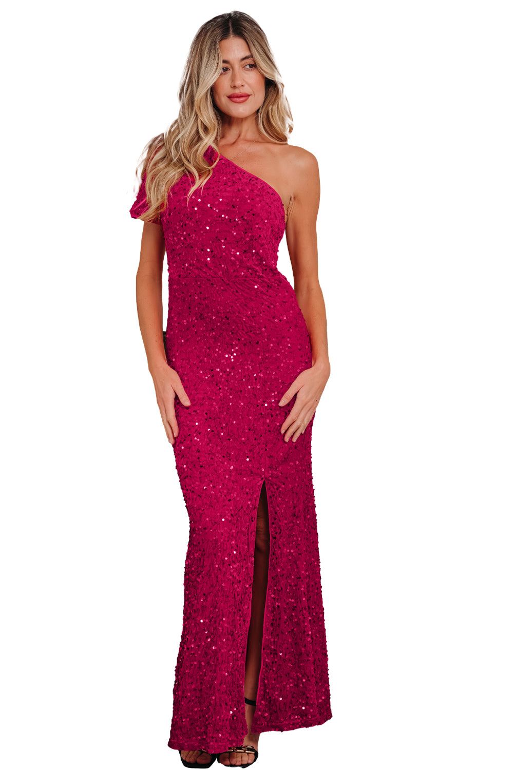 Pink One Shoulder Thigh High Split Bodycon Sequin Gown - eAura