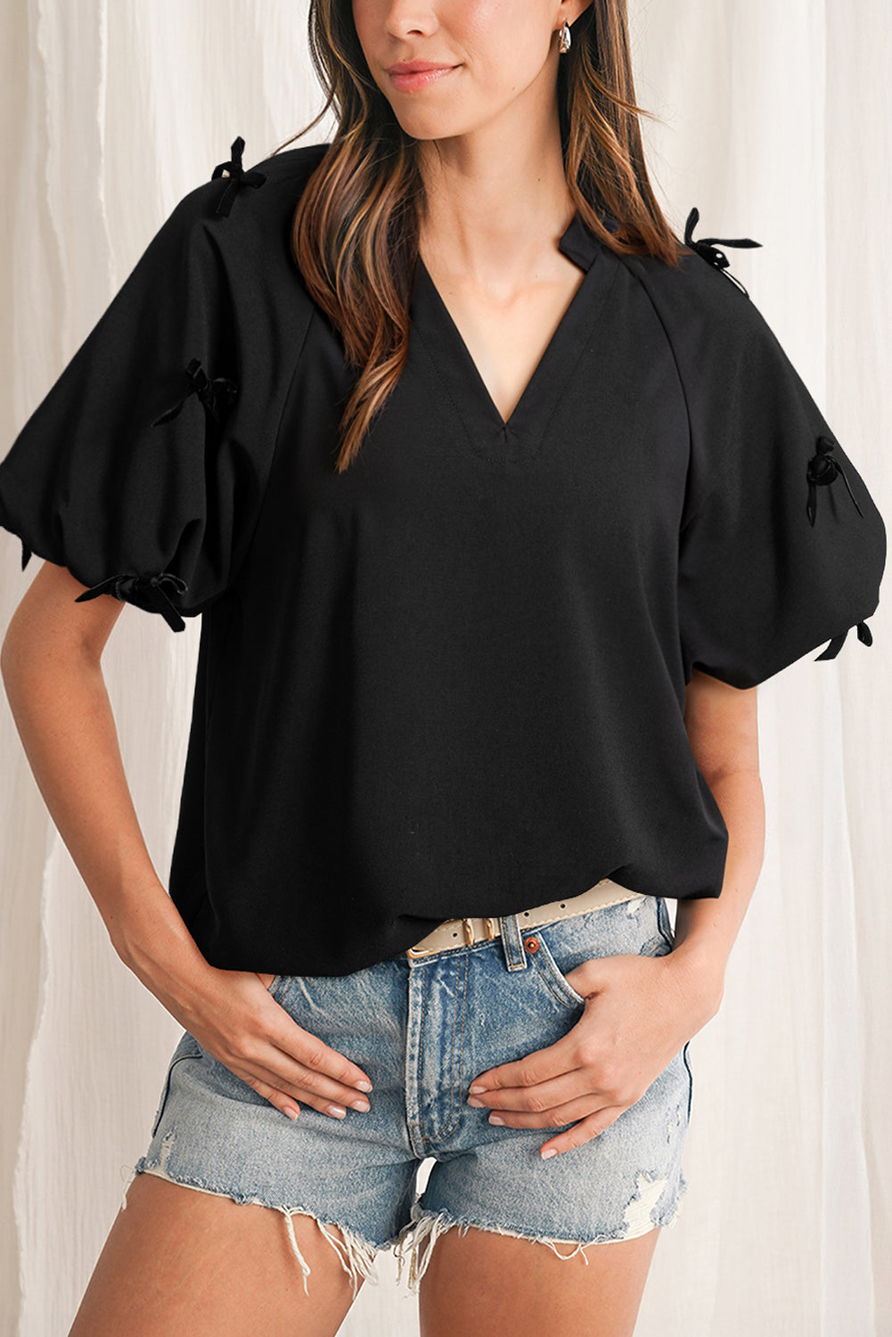 Black Bow Decor Puff Sleeve Split Neck Blouse eAura