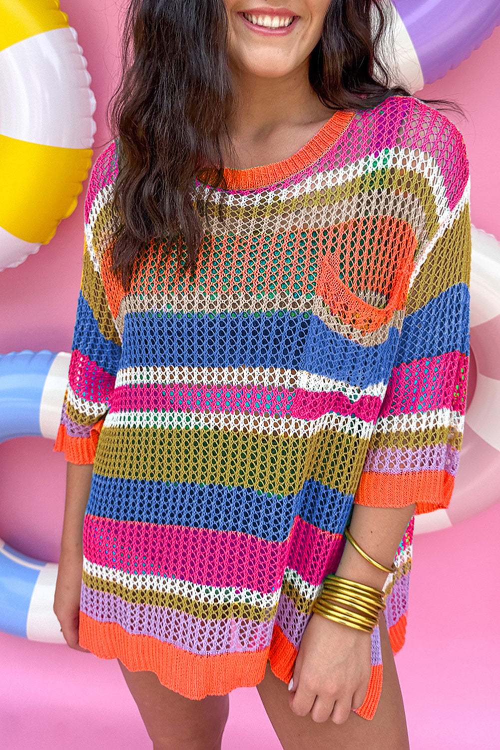 Pink Stripe Colourblock Hollowed Crochet 3/4 Sleeve Sweater eAura