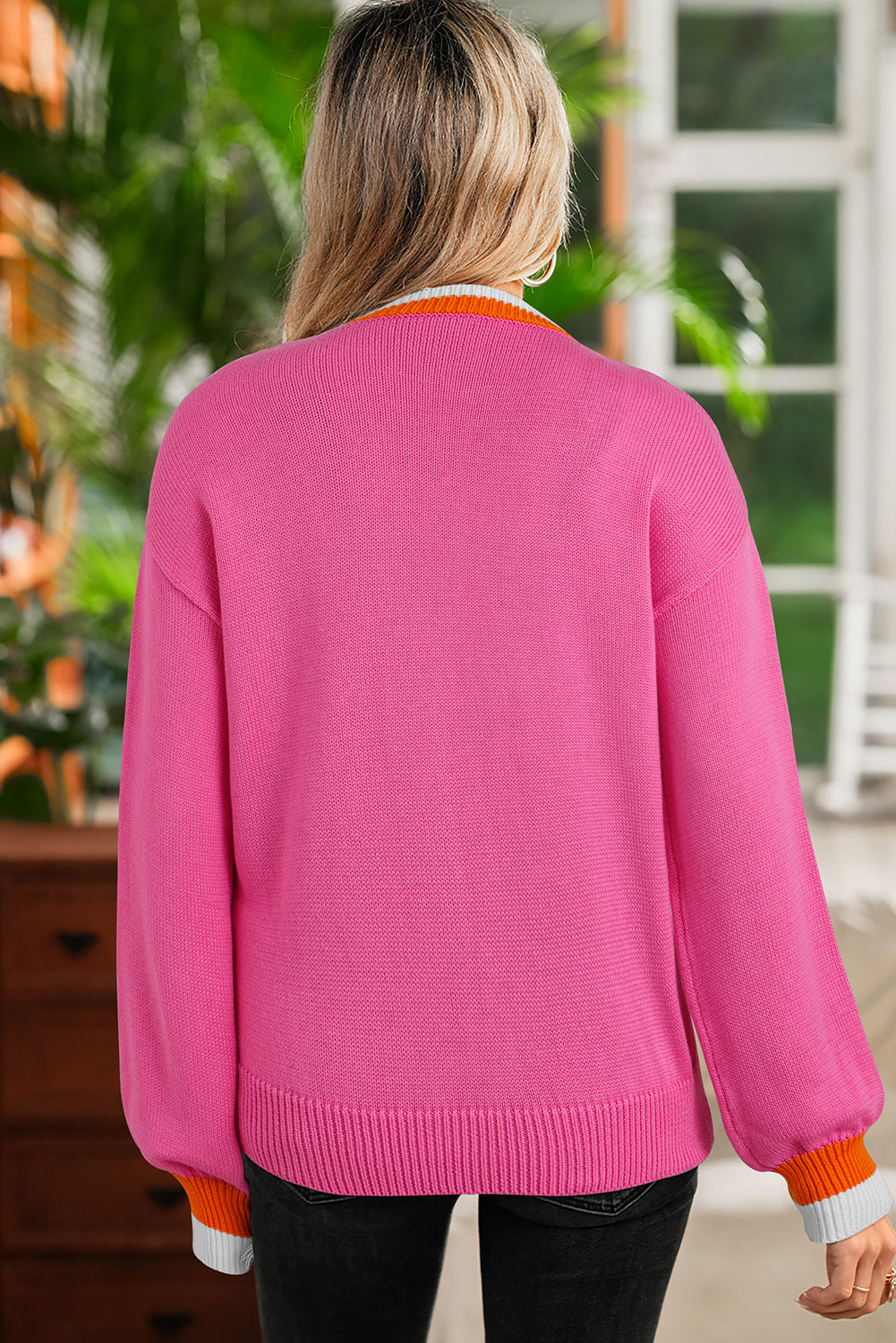 Contrast Crew Neck Pearled Decor Knit Sweater - eAura