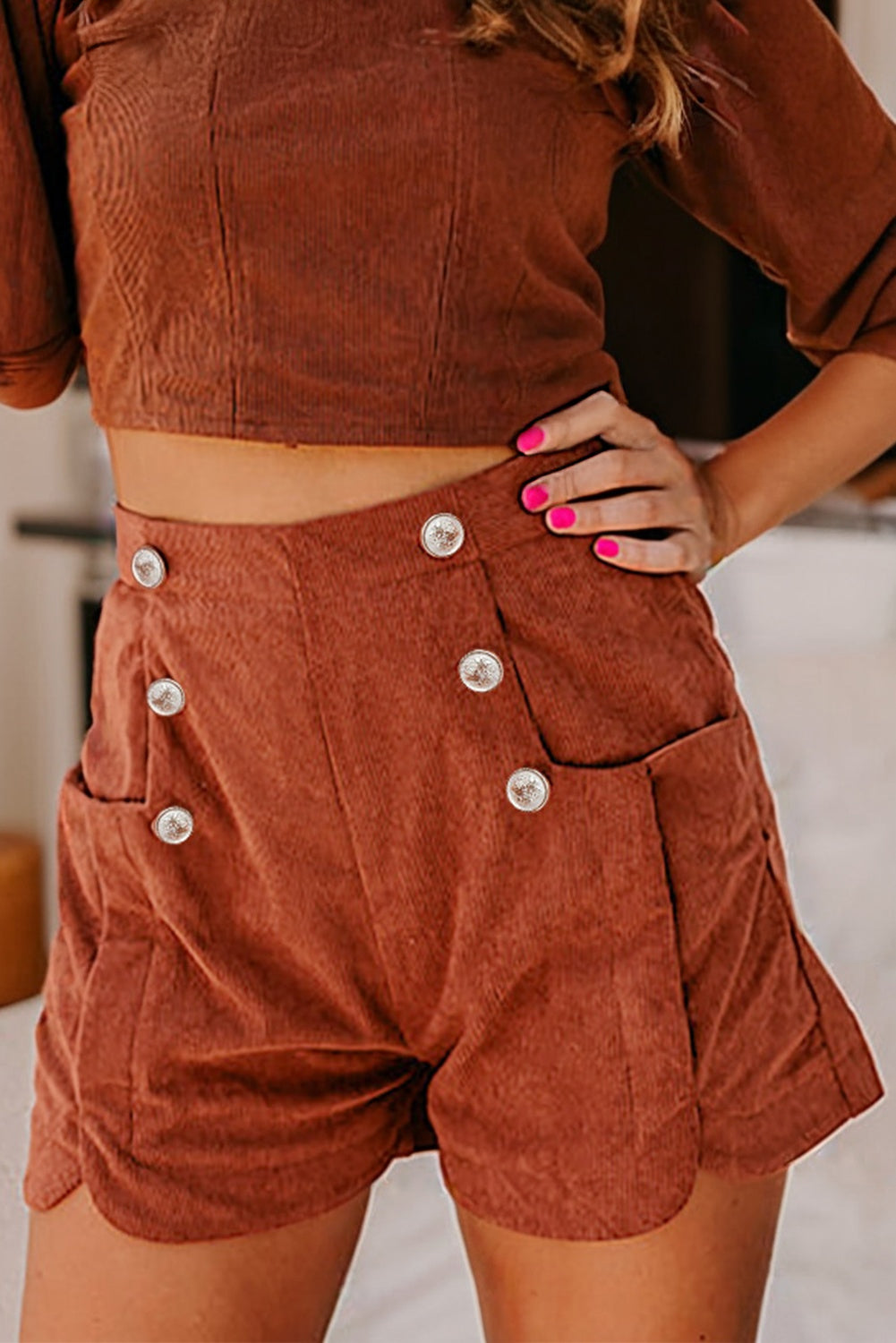 Button Decor Scalloped Edge High Waist Soft Corduroy Shorts - eAura