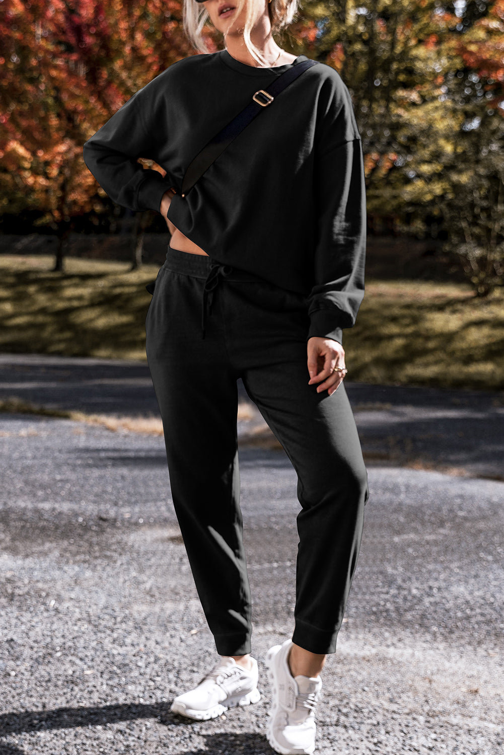 Black Solid Colour High Low Pullover and Skinny Trousers Set eAura