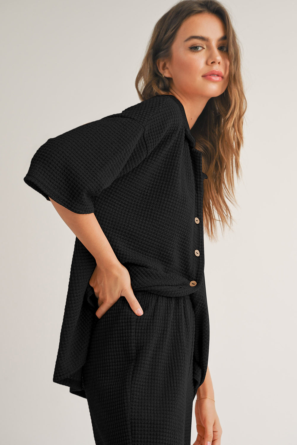 Black Solid Colour Textured Buttoned Shirt and Casual Trousers Set eAura
