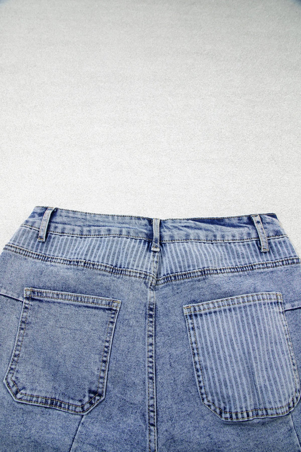 Striped Paisley Mixed Patchwork Raw Hem Denim Shorts – Sky Blue