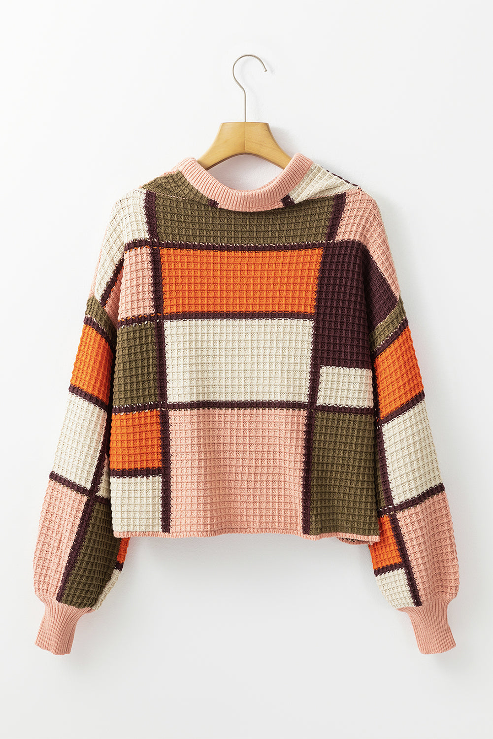 Orange Colour Block Waffle Knit Drawstring Mock Neck Sweater eAura