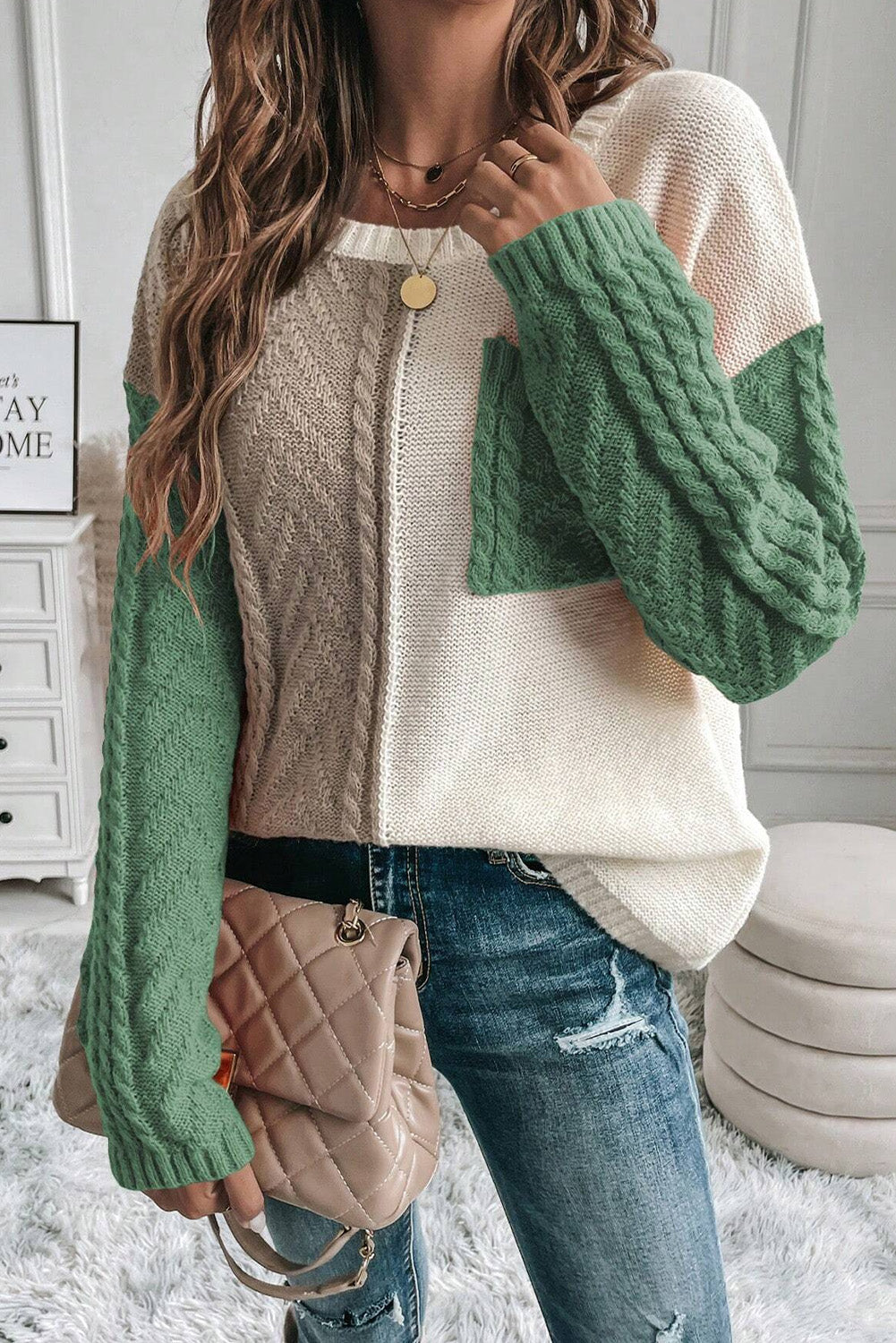 Rose Tan Colourblock Patched Pocket Drop Shoulder Sweater eAura