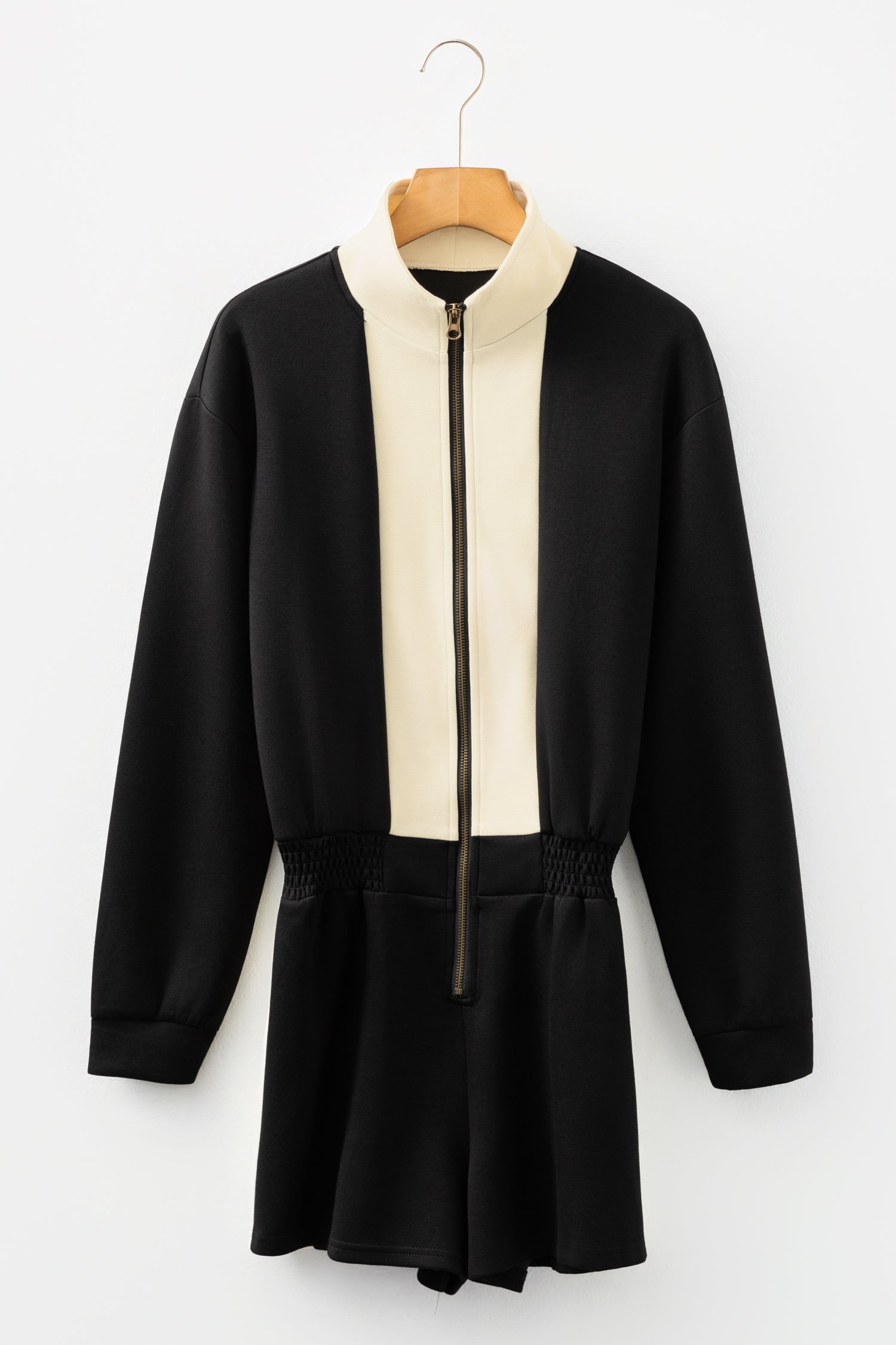 Black Two-tone Long Sleeve Zipped Front Casual Romper - eAura