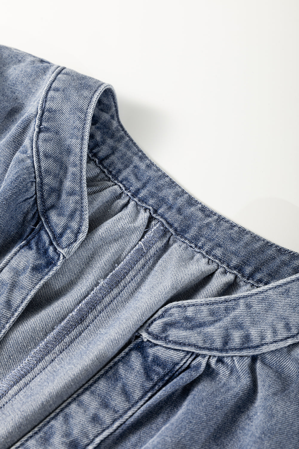 Dusk Blue V Neck Ruffled Short Puff Sleeve Denim Top - eAura