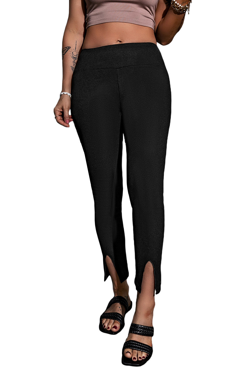 Black Rib Knit High Waist Slit Leggings Beagle Boutique Fashion Outlet