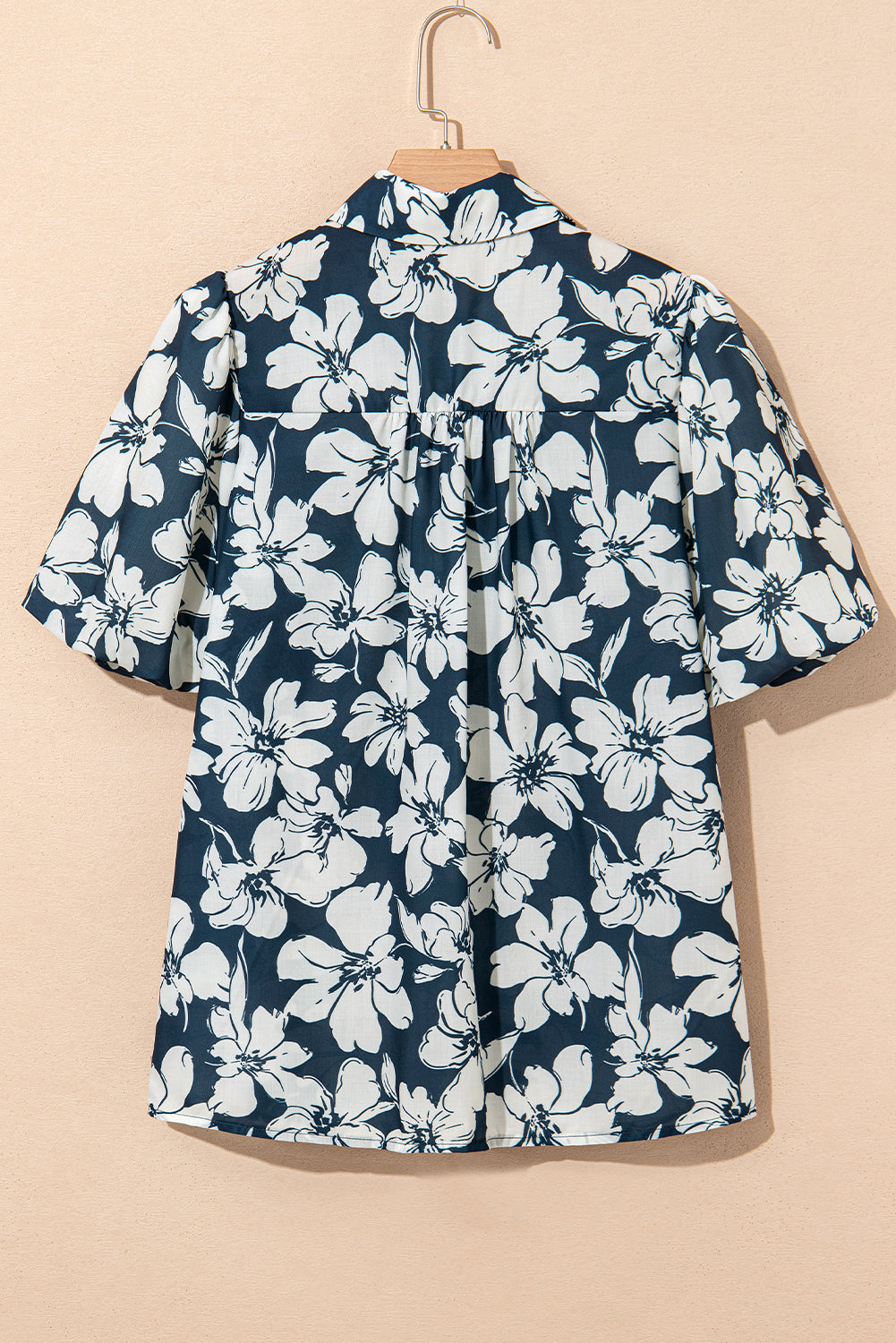Blue Floral Short Puff Sleeve Summer Shirt eAura