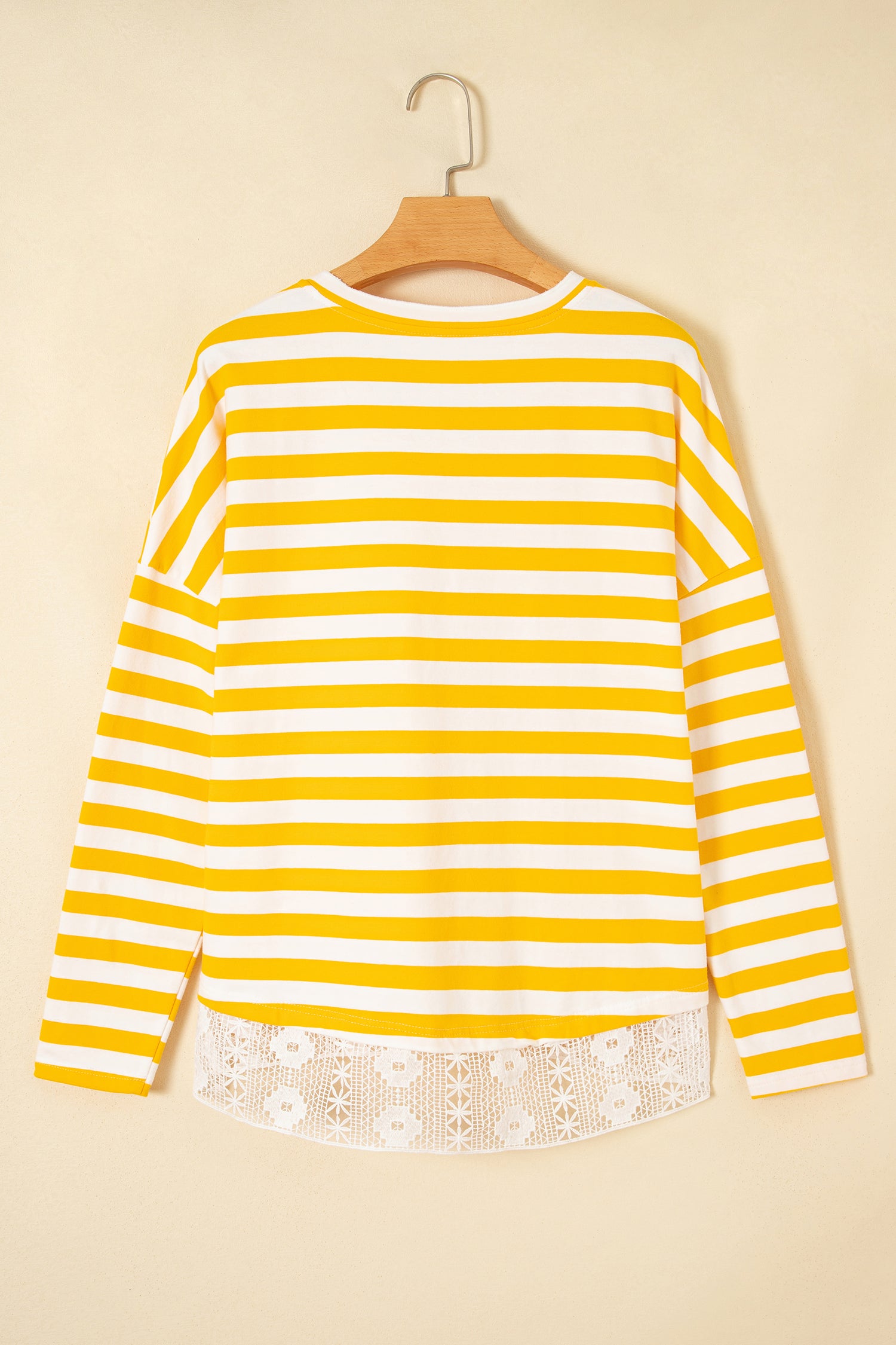Striped Lace Patchwork V Neck Long Sleeve Top – Yellow Stripe