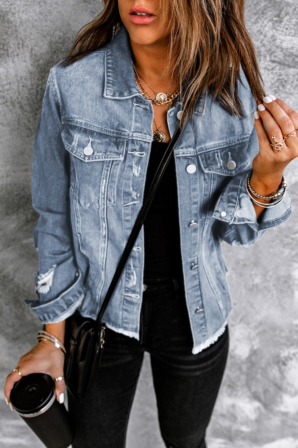 Blue Lapel Distressed Raw Hem Buttons Denim Jacket BB Fashion Outlet