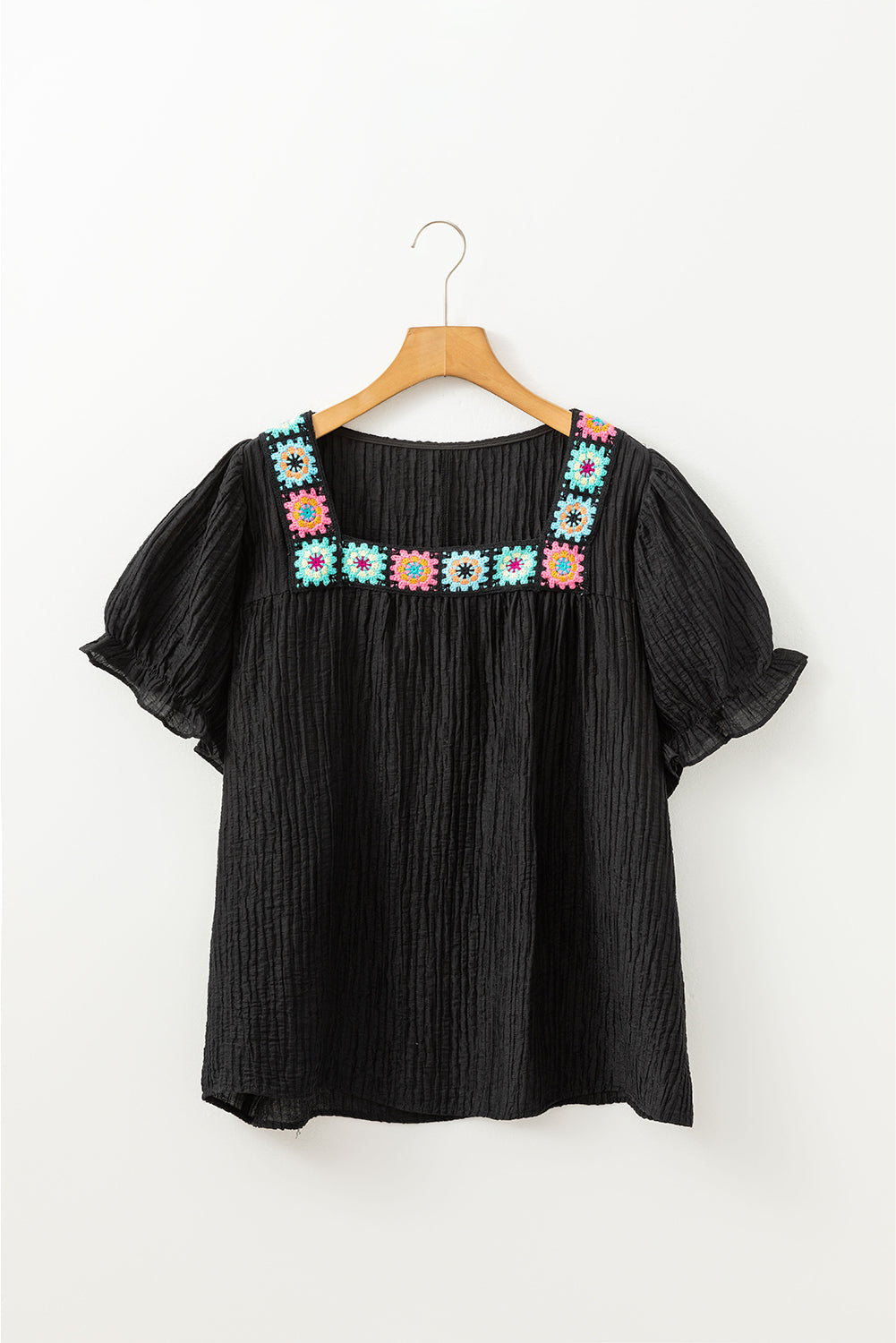 Black Floral Crochet Square Neck Ruffled Short Sleeve Flowy Plus Size Top BB Fashion Outlet