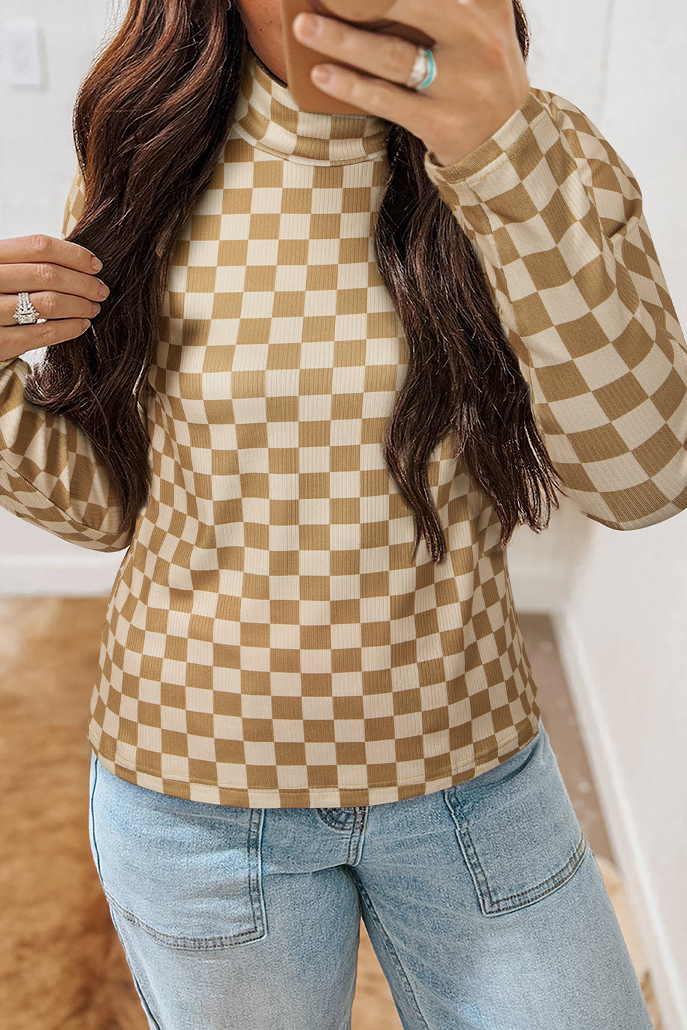 Check Pattern Turtleneck Ribbed Slim Long Sleeve Tee - eAura