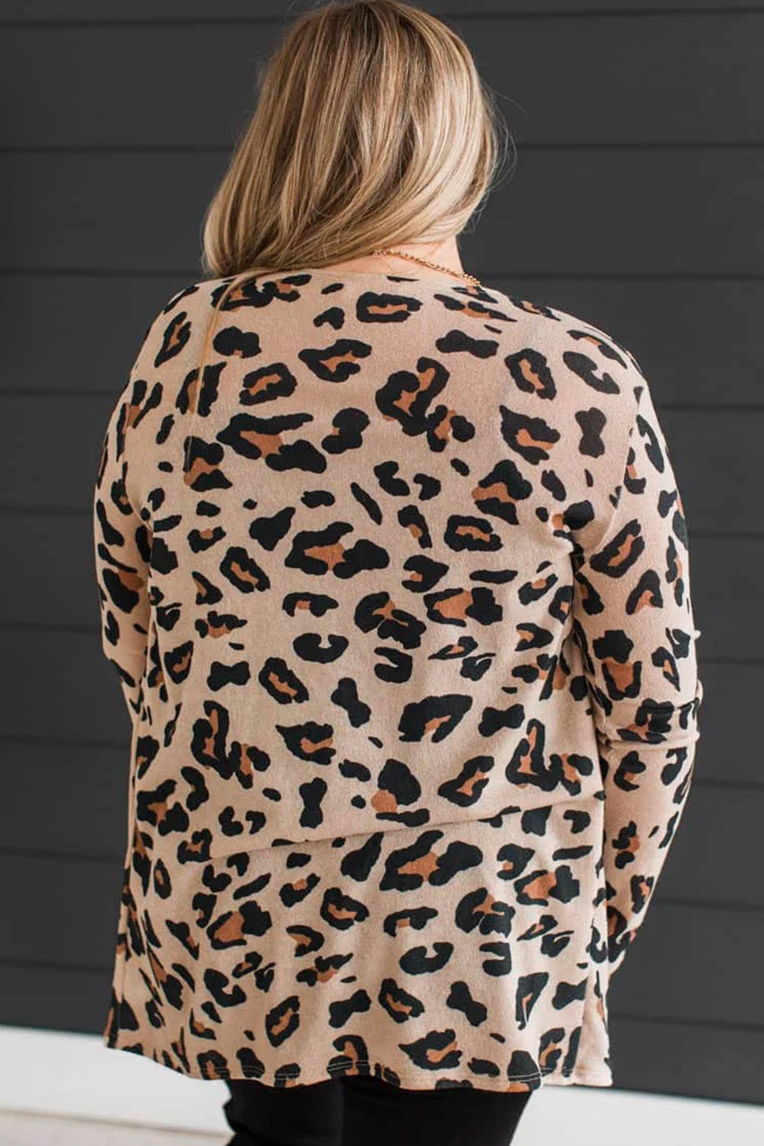 Leopard Print Long Sleeve V Neck Tunic Plus Size Cardigan – Khaki