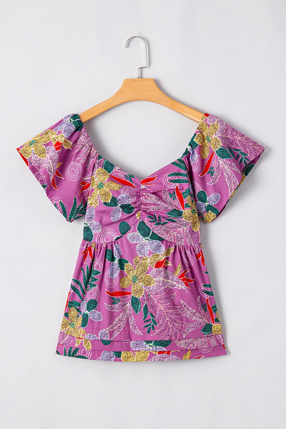 Purple Floral Print Sweetheart Neck Flutter Sleeve Blouse eAura