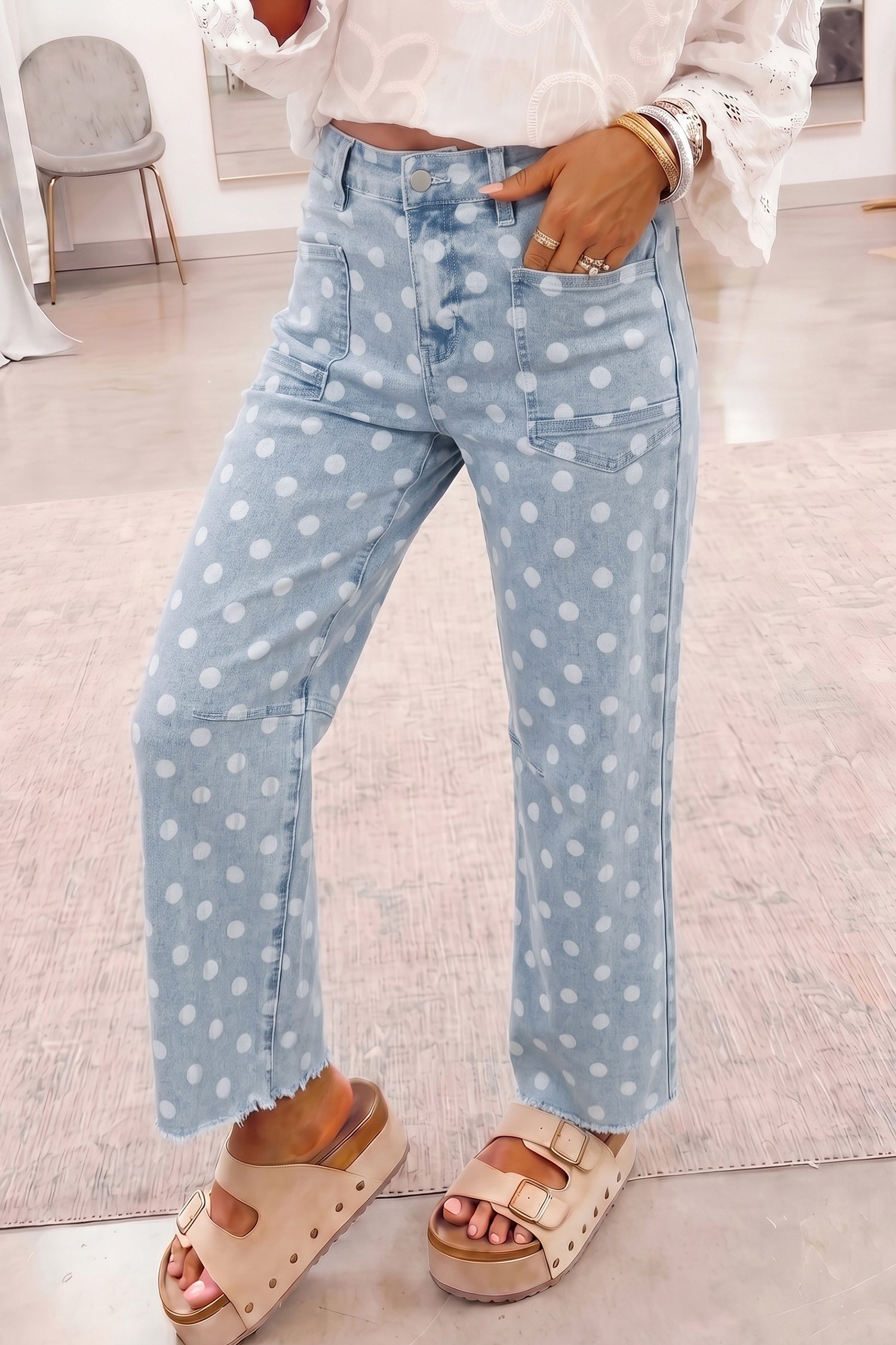 Polka Dot Casual Slim Fit Jeans – Pink
