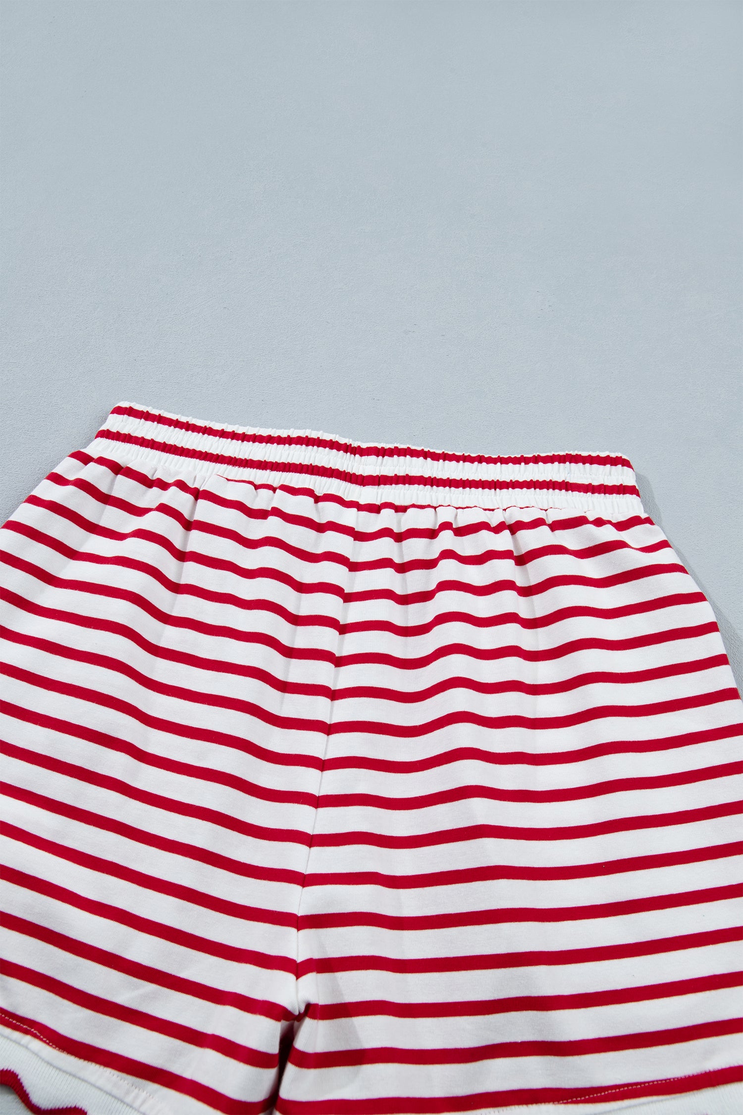 Scallop Trim Casual Top 2pcs Short Set – Red Stripe