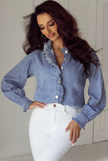 Beau Blue Ruffled Long Sleeve Buttoned Denim Shirt eAura