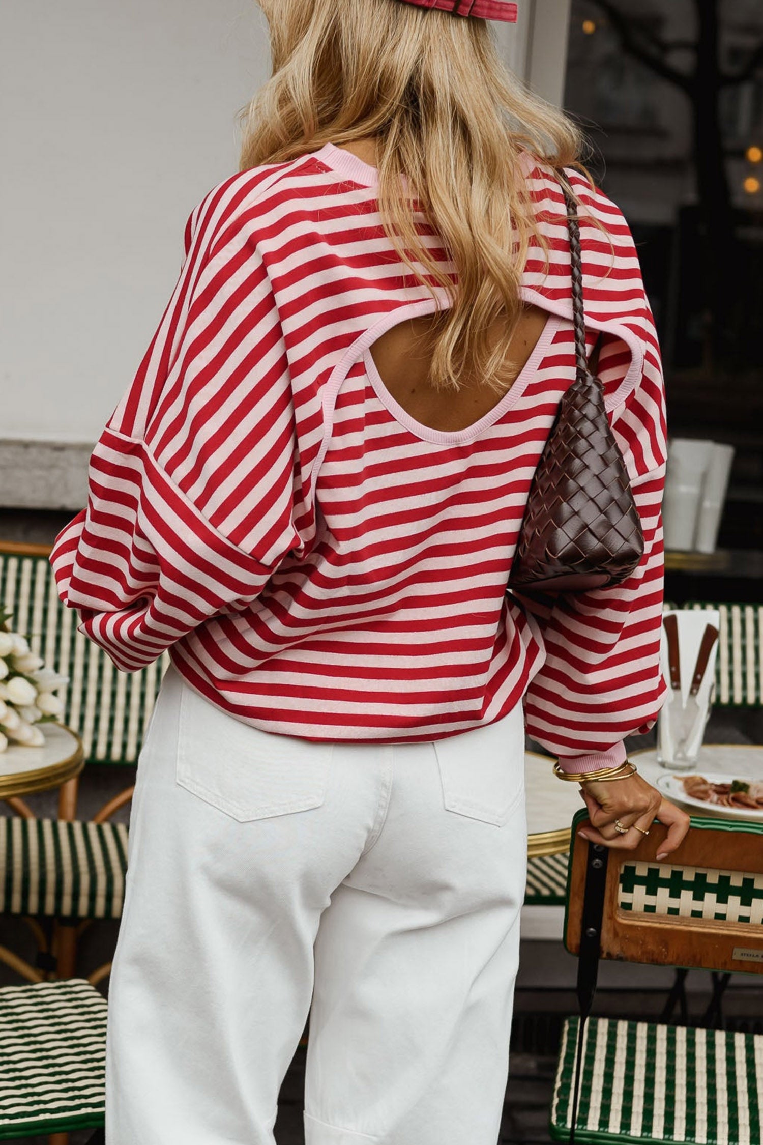 Cutout Open Back Long Sleeve Loose Top – Red Stripe