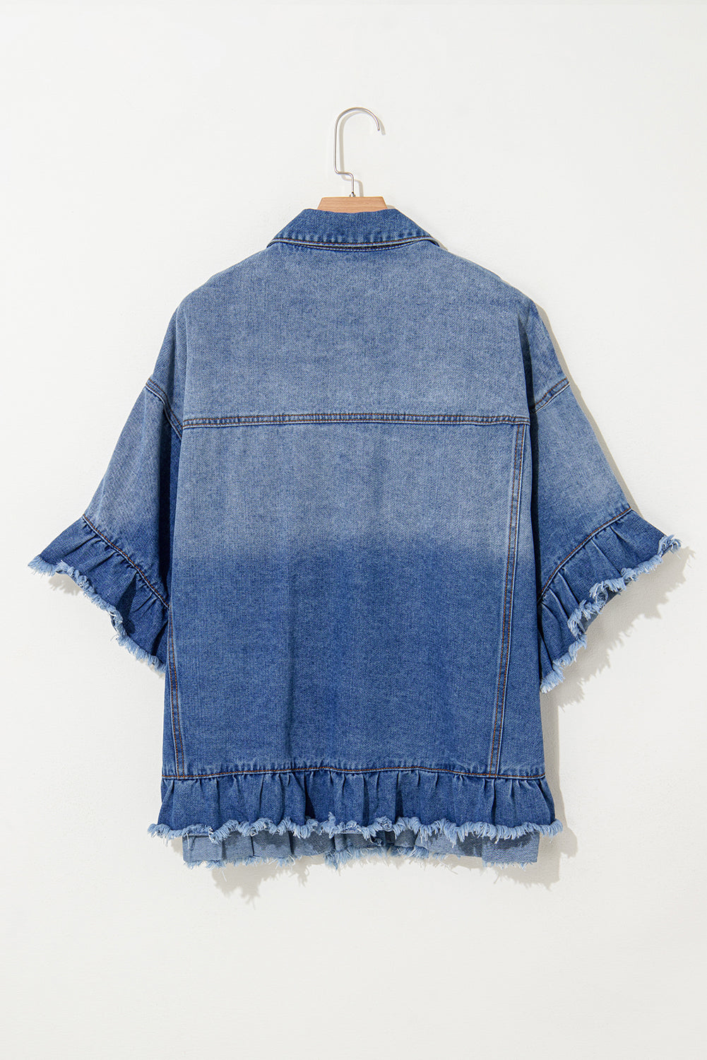 Peacock Blue Ruffled Frayed Short Sleeve Plus Size Denim Jacket Beagle Boutique Fashion Outlet