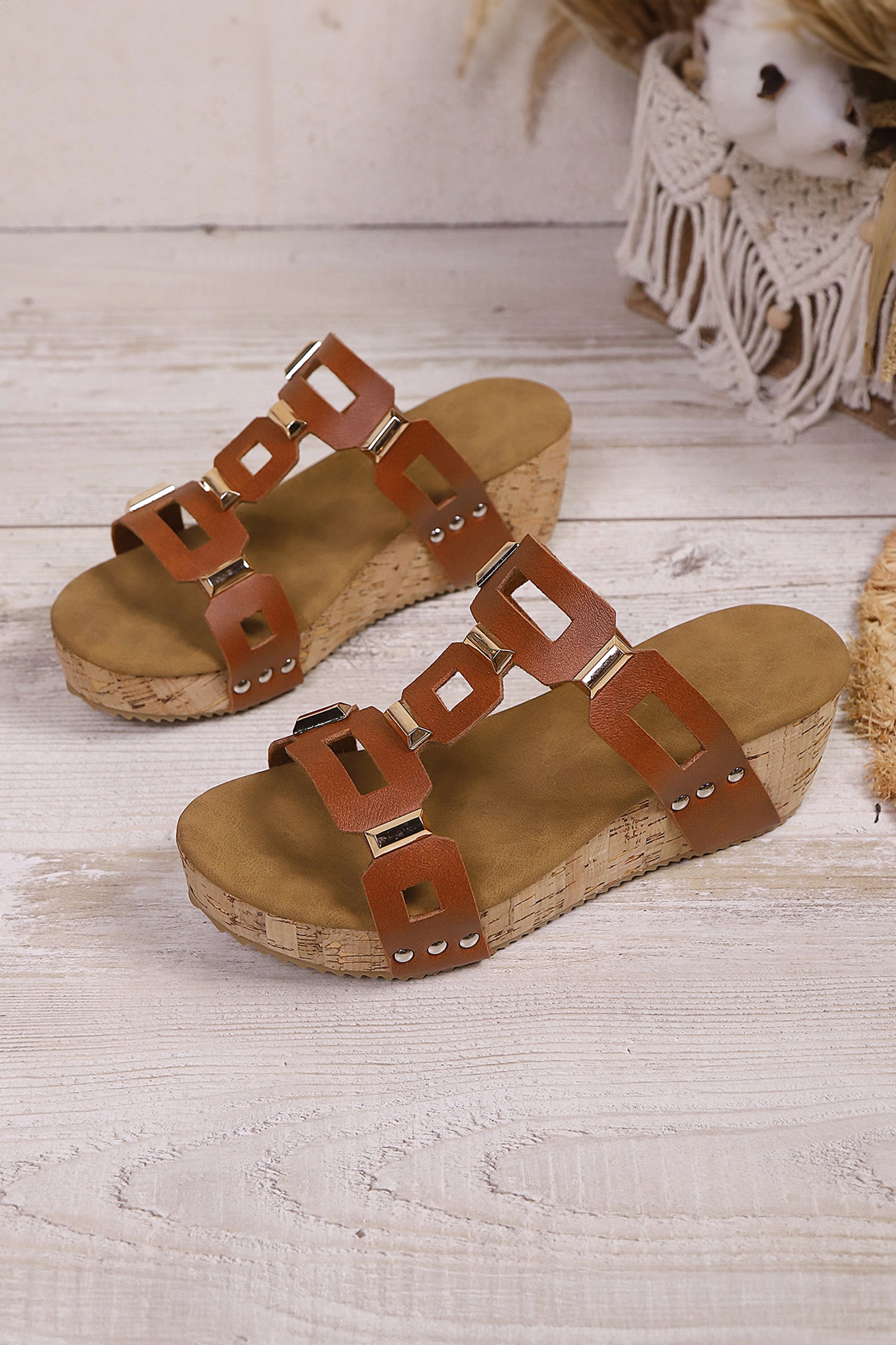 Hollowed PU Leather Wedge Platform Sandals