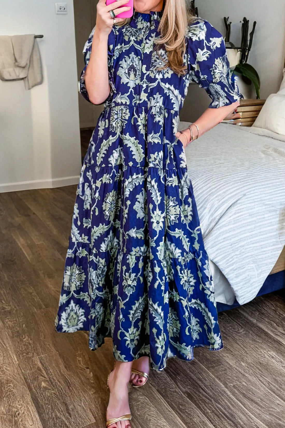 Wild Floral Print Frilled Collar Half Sleeve Long Dress