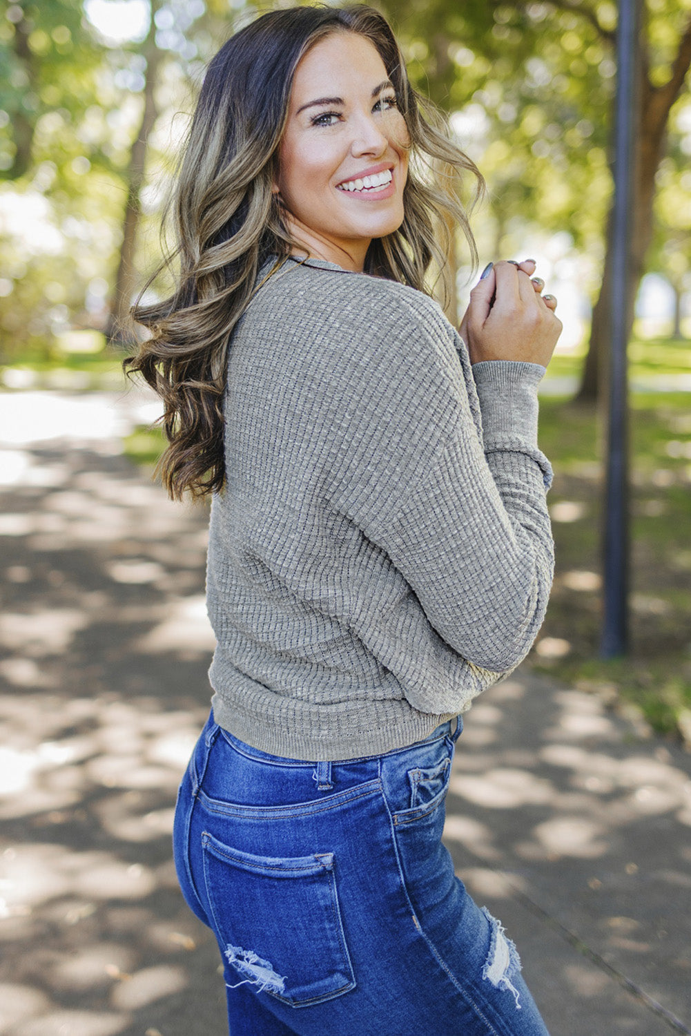 Gray Wrap V Neck Waffle Sweater BB Fashion Outlet