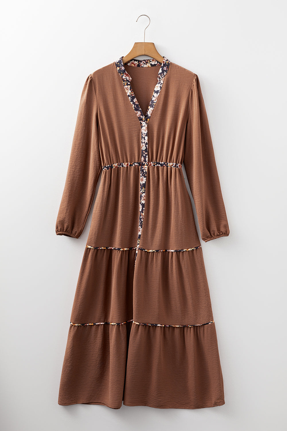 Floral Patchwork Detail Notched Neck Long Sleeve Maxi Dress - eAura
