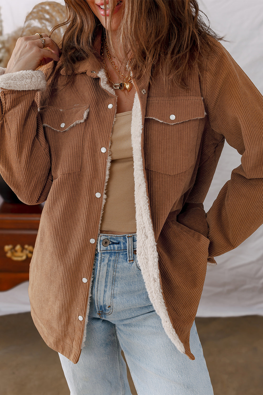 Cinnamon Fleece Lined Buttoned Flap Pockets Corduroy Jacket eAura