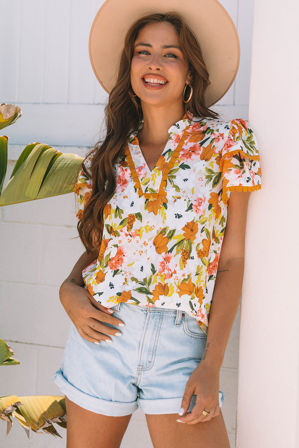 Russet Orange Ruffled V Neck Scalloped Short Sleeve Floral Blouse eAura