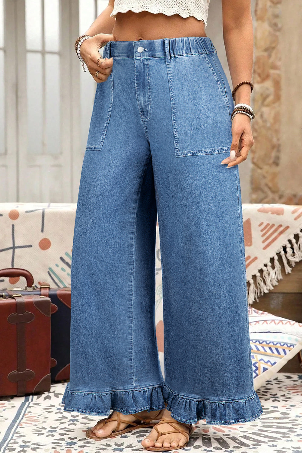 Plus Size Elastic Waist Ruffled Wide Leg Denim Jeans - Size/Plus Bottoms
