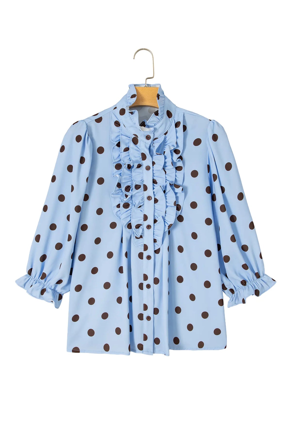 Polka Dot Striped Print Ruffle Stand Neck 3/4 Sleeve Shift Shirt – Fiery Red