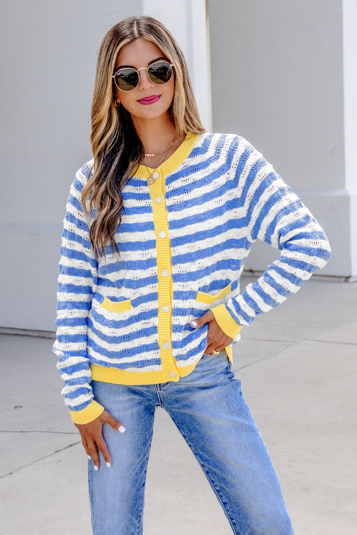 Striped Colorblock Button Front Long Sleeve Loose Fit Knit Cardigan – Sky Blue Stripe