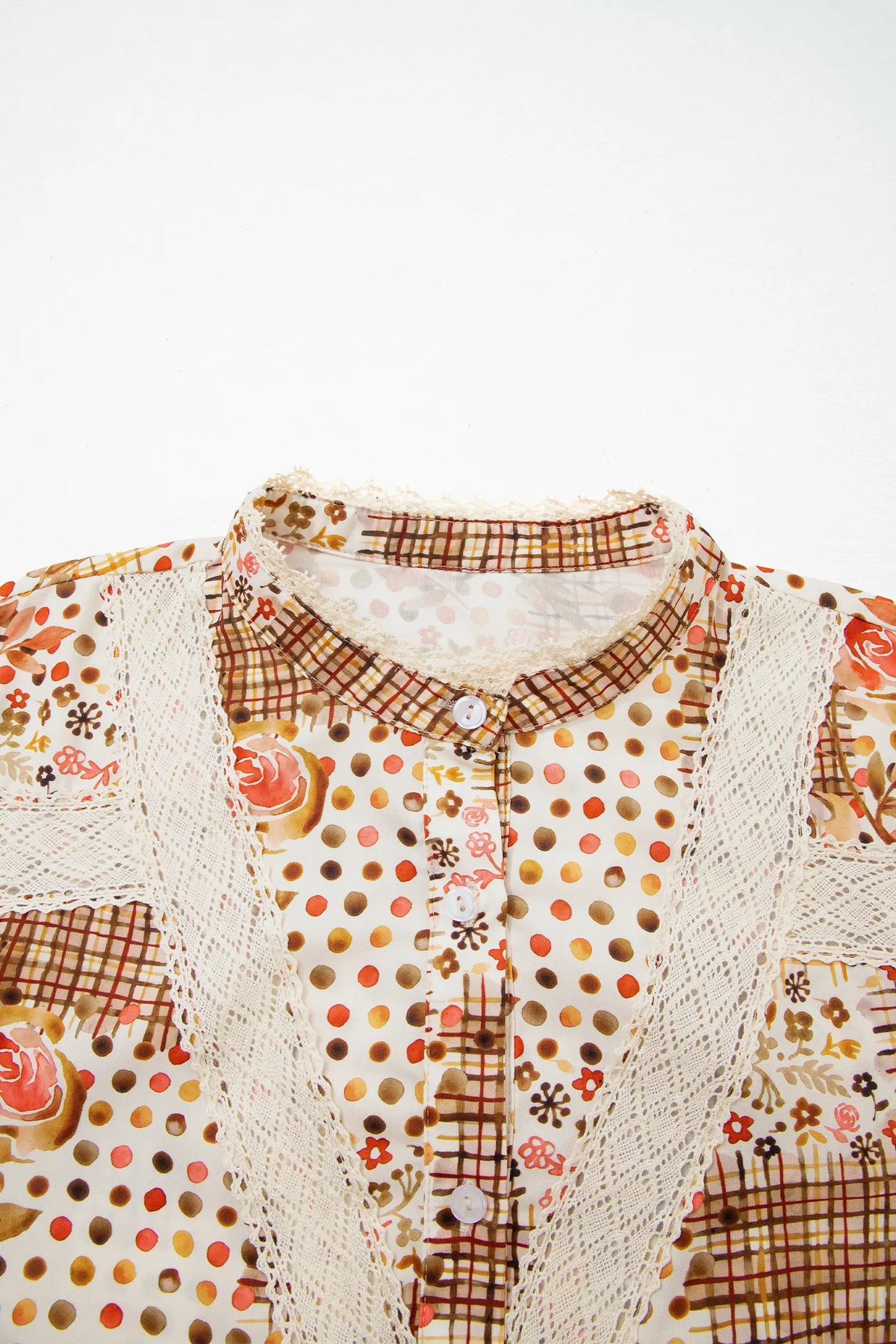 Floral Lace Trim Button Down Long Sleeve Shirt – Brown