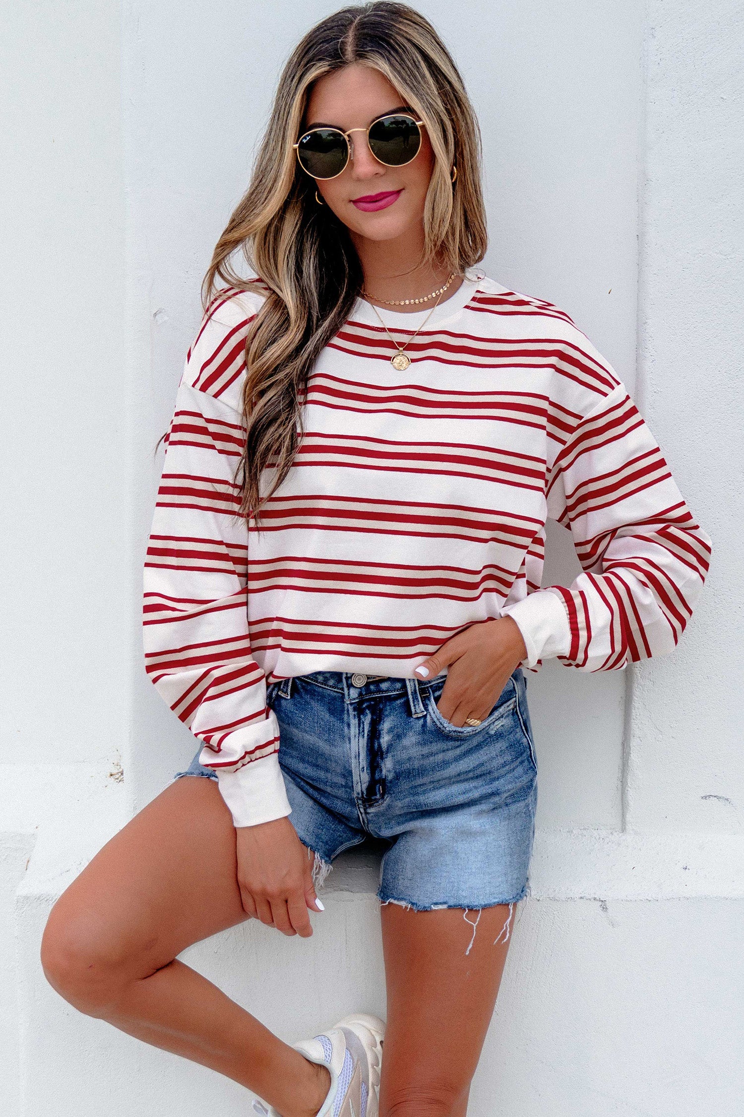 Dropped Shoulder Long Sleeve Casual Pullover Top – Red Stripe