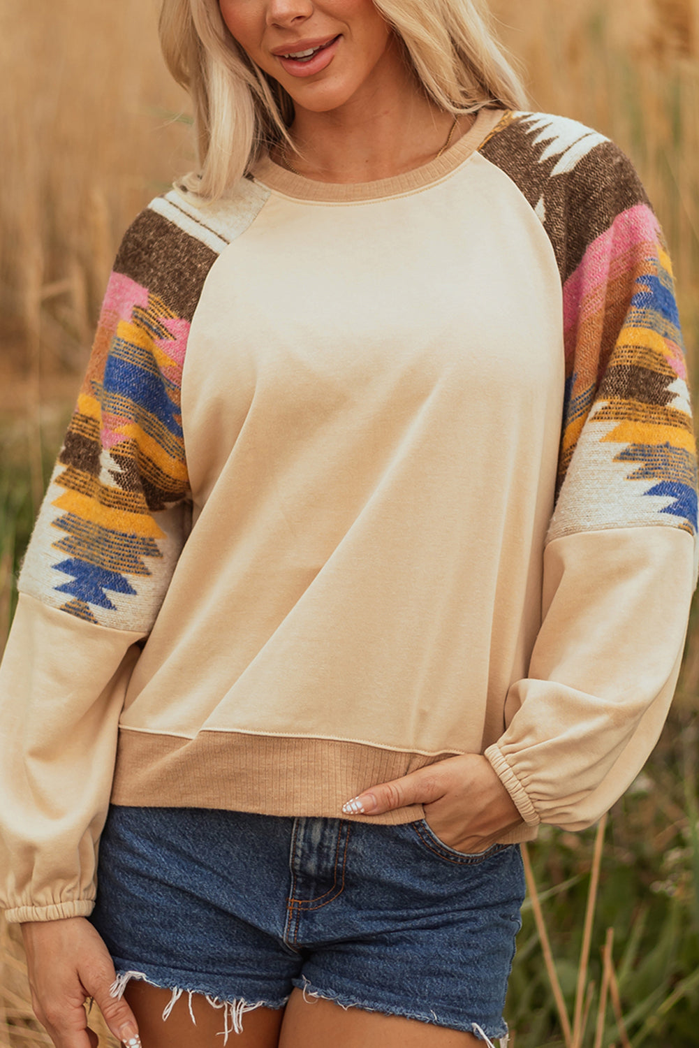 Aztec Patchwork Raglan Pullover Sweatshirt - eAura