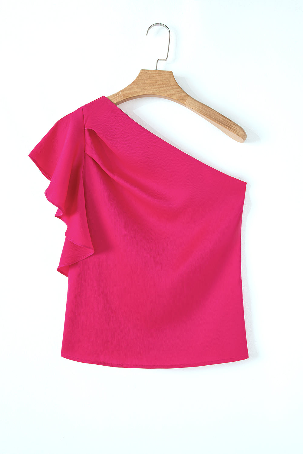 Strawberry Pink Asymmetric Shoulder Ruffle Sleeve Elegant Blouse eAura