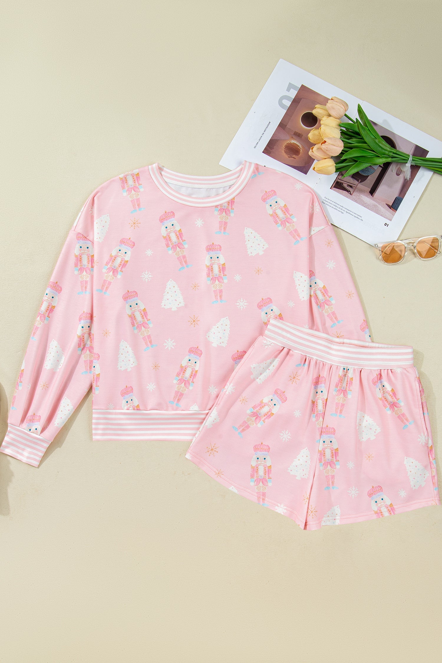 Pink Christmas Tree Nutcracker Doll Print Contrast Trim Long Sleeve Top Matching Shorts Set - Two Piece Sets/Short Sets