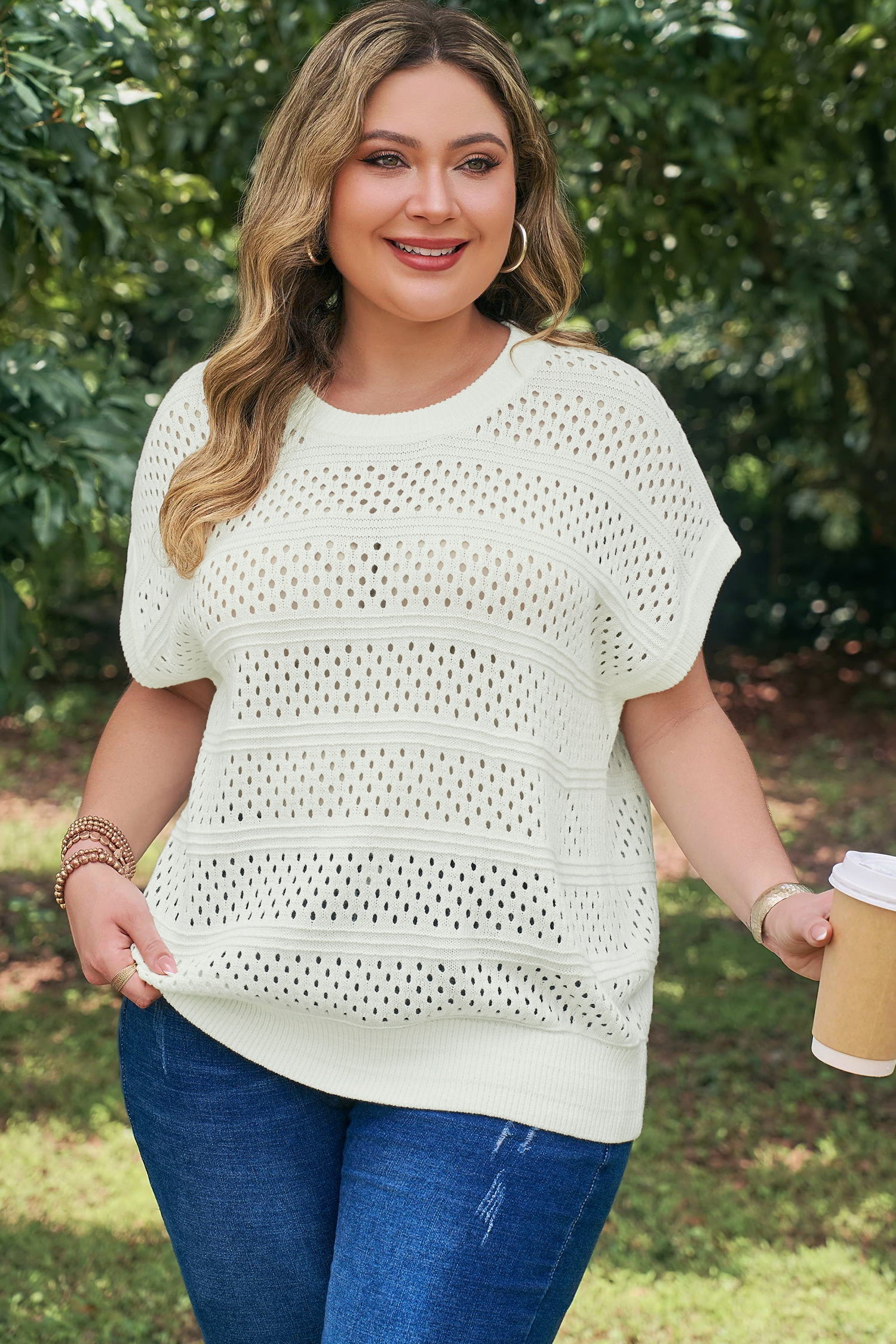 Plus Size Eyelet Hollow-Out Knit Dolman Short Sleeve Sweater