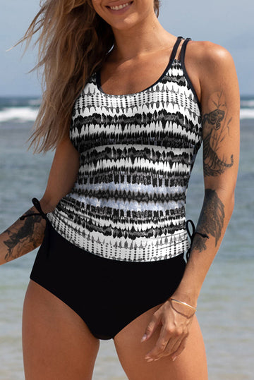 Black Printed Double Straps Printed Tankini Top with Shorts 2pcs Swimsuit BB Fashion Outlet