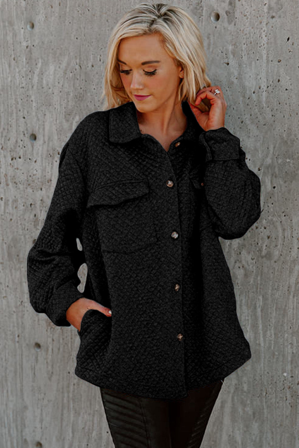 Black Retro Quilted Flap Pocket Button Shacket Beagle Boutique Fashion Outlet