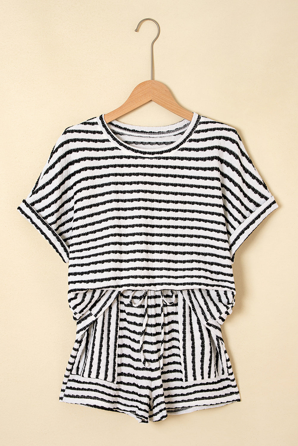 Black Stripe Knitted Short Sleeve Top and Drawstring Shorts Set eAura