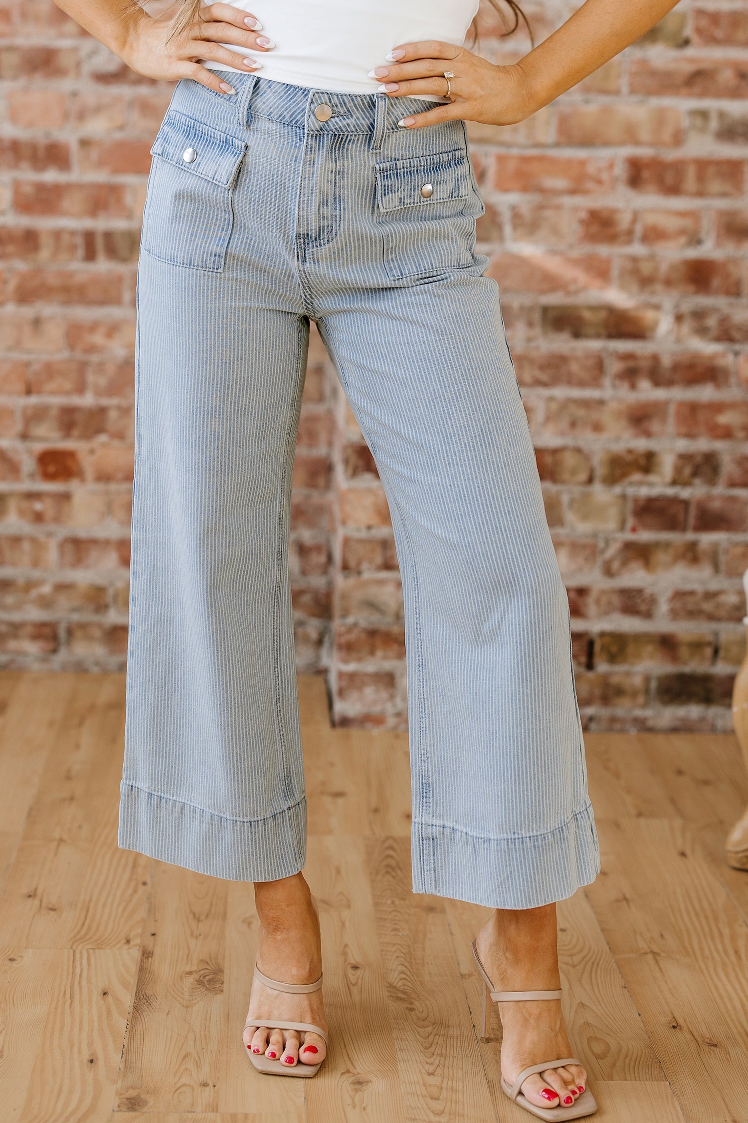 Stripe Button Flap Pocket Cuffed Hem Wide Leg Jeans - Bottoms/Jeans/WideLeg