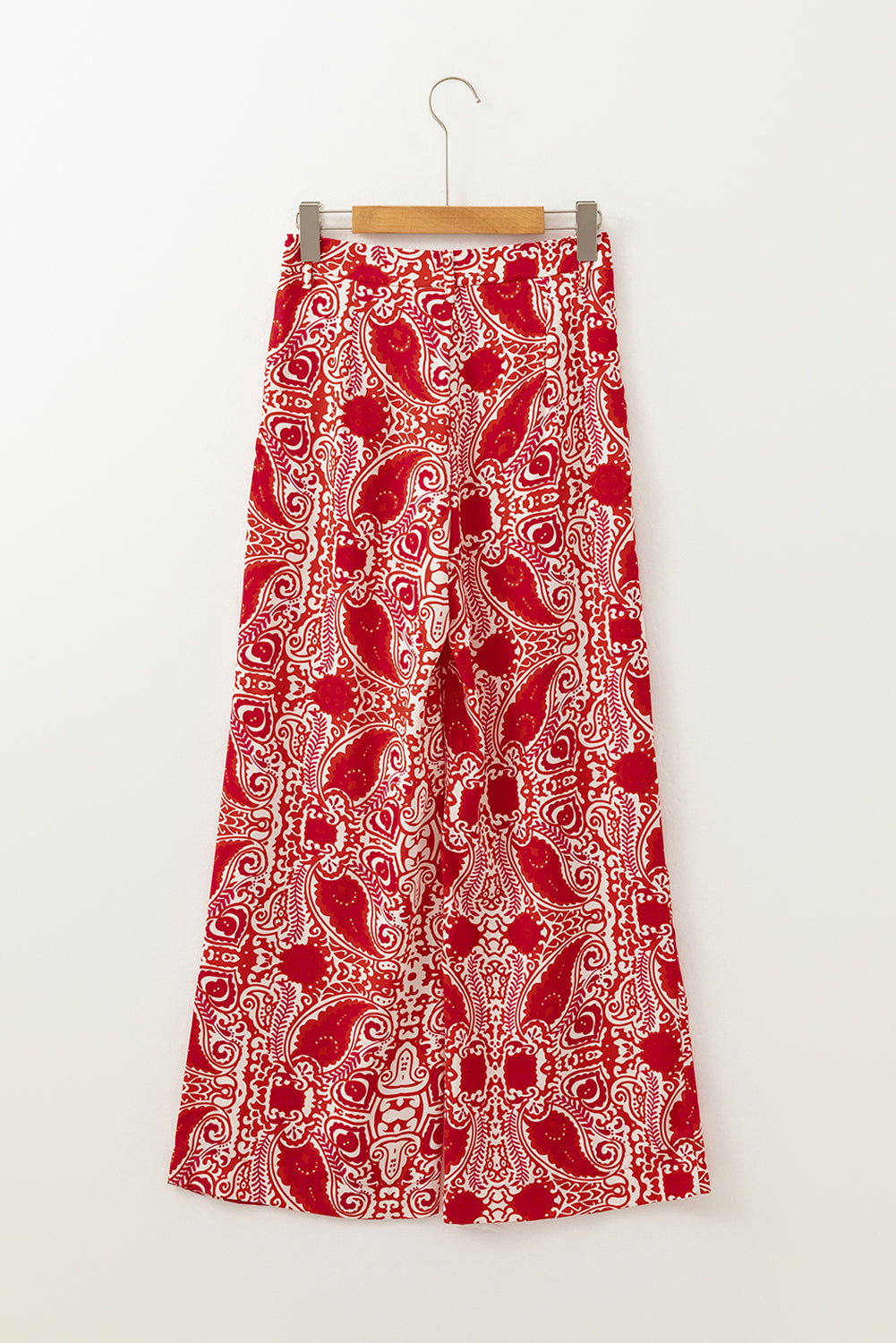Red Paisley Printed Buttoned High Waist Straight Leg Trousers eAura