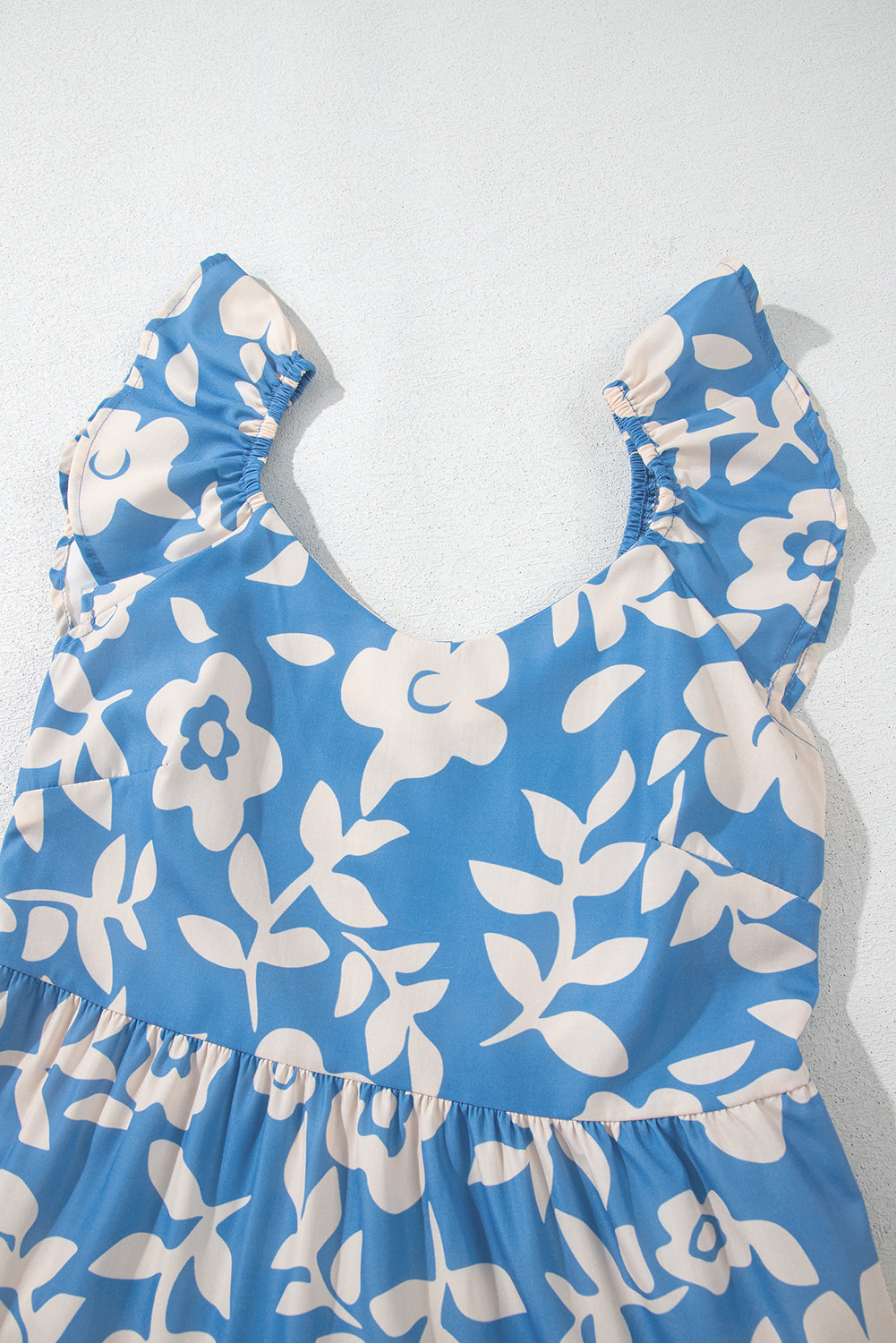 Sky Blue Floral U Neck Flutter Shoulder Tiered Flowy Midi Dress eAura